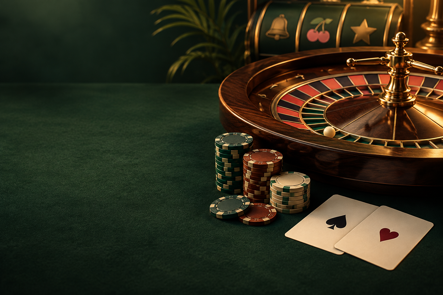 Ilustrasi roda roulette, kartu, dan cip di meja kasino