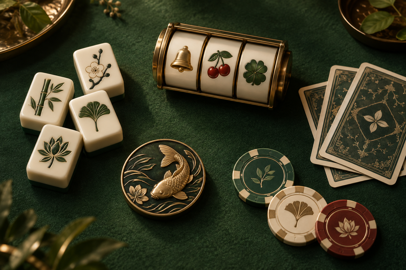 Ilustrasi gulungan slot, ubin mahjong, kartu, dan cip kasino